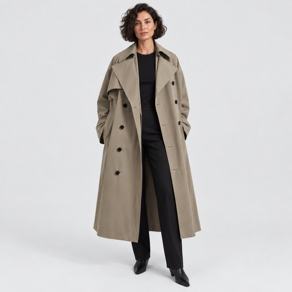 Double-breasted long trench coat with wide lapels in khaki, front view on model