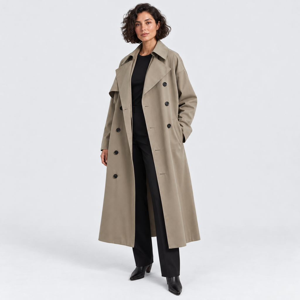 Double-breasted long trench coat with wide lapels in khaki, alternative view on model