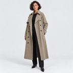 Double-breasted long trench coat with wide lapels in khaki, alternative view on model