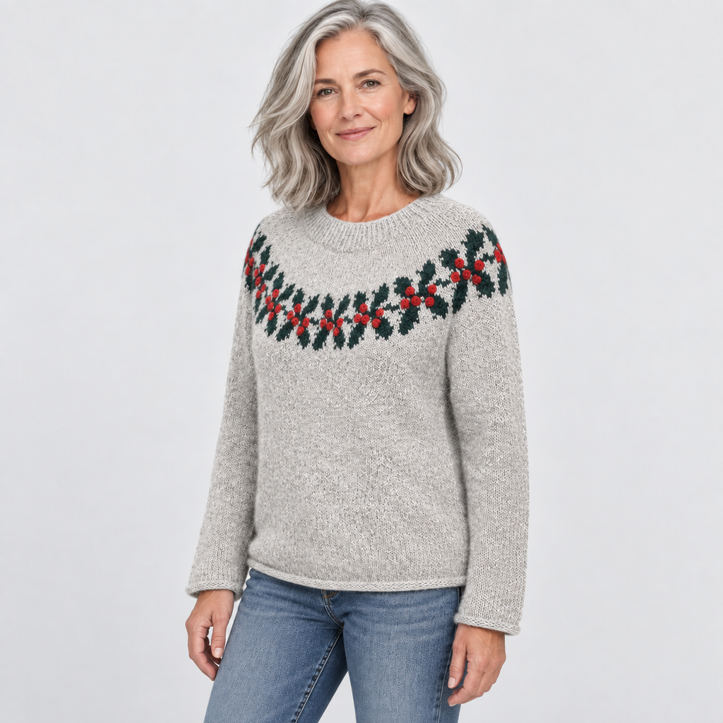 Christmas jumper with holly and red berry detail in grey, alternative view on model