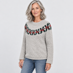 Christmas jumper with holly and red berry detail in grey, alternative view on model