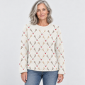 Christmas jumper with reindeer motifs in white, front view on model