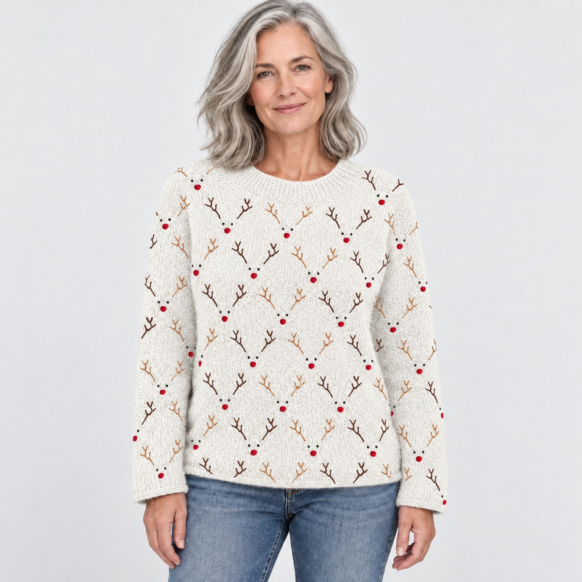 Christmas jumper with reindeer motifs in white, front view on model