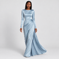 Long-sleeved ruched maxi dress in blue, front view on model