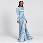 Long-sleeved ruched maxi dress in blue, alternative view on model