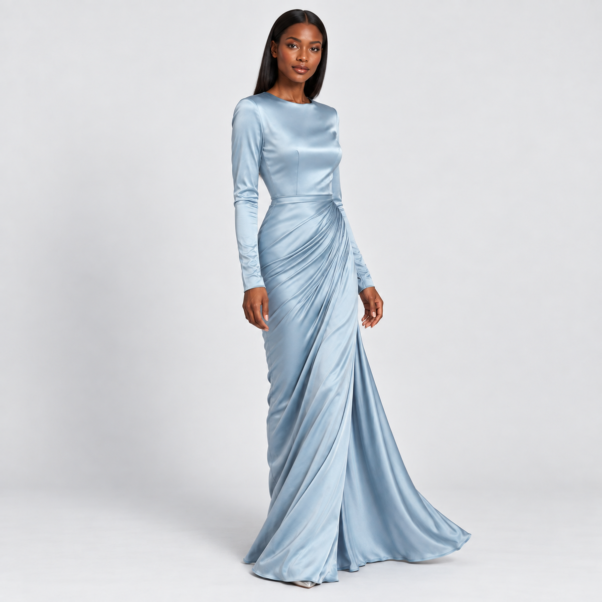Long-sleeved ruched maxi dress in blue, alternative view on model