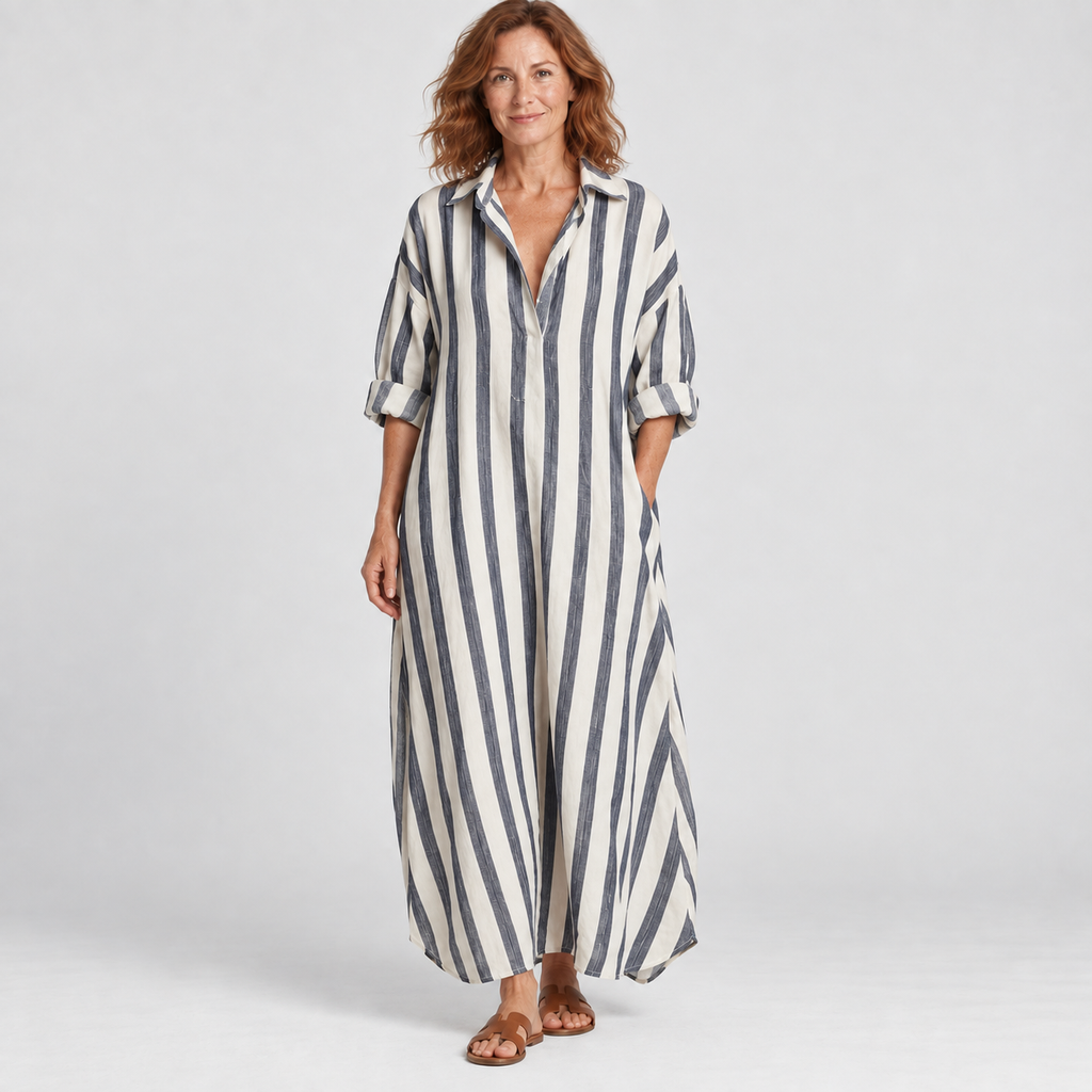Loose striped maxi dress with shirt collar in blue, front view on model