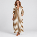 Loose striped maxi dress with shirt collar in earthy yellow, front view on model