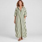 Loose striped maxi dress with shirt collar in green, front view on model