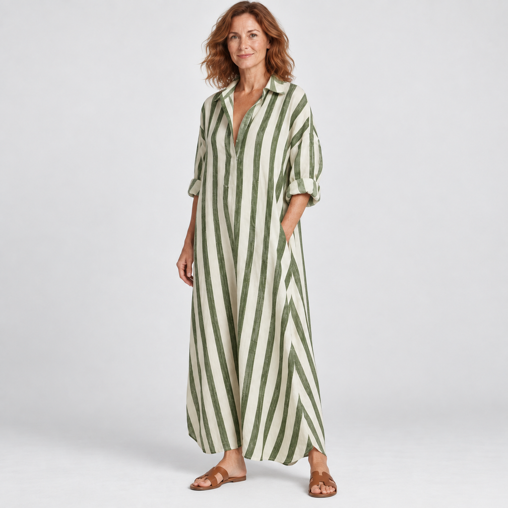 Loose striped maxi dress with shirt collar in green, alternative view on model