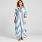 Loose striped maxi dress with shirt collar in light blue, front view on model