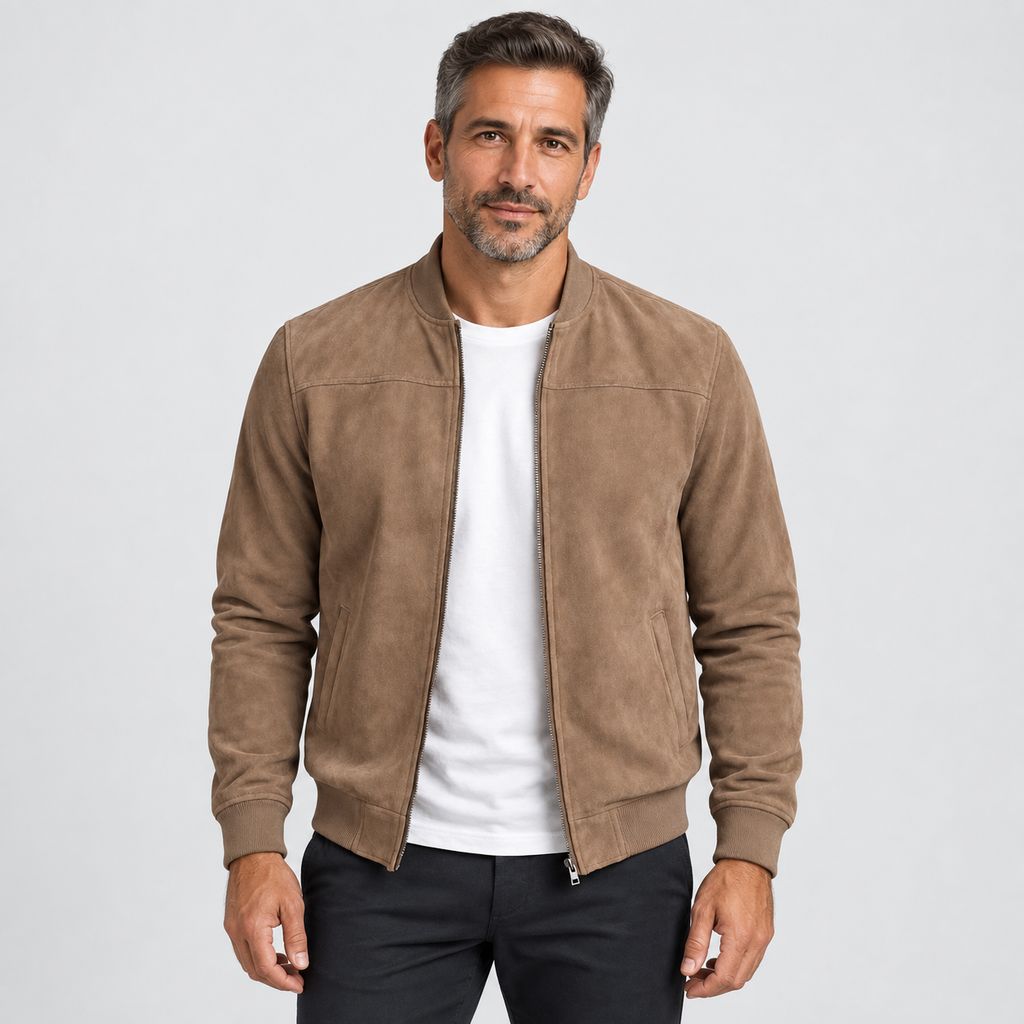 Zip-front bomber jacket with ribbed trim in beige, front view on model