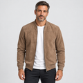 Zip-front bomber jacket with ribbed trim in beige, front view on model