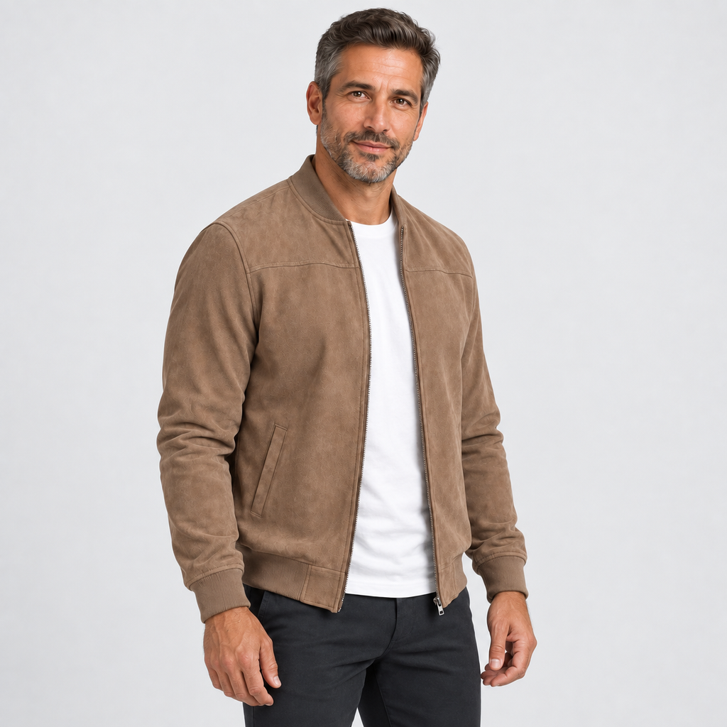 Zip-front bomber jacket with ribbed trim in beige, alternative view on model