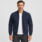 Zip-front bomber jacket with ribbed trim in dark blue, front view on model