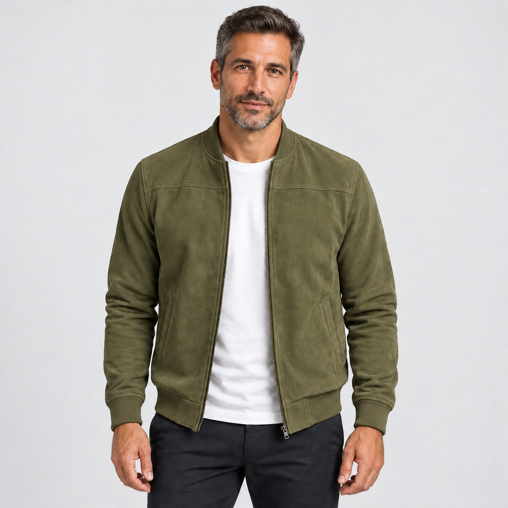 Zip-front bomber jacket with ribbed trim in green, front view on model