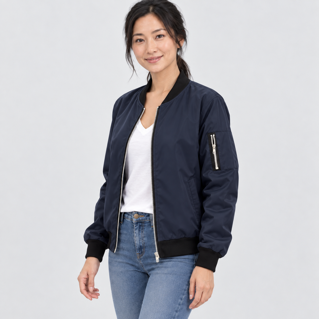 Bomber jacket with contrast ribbed trim and sleeve zip pocket in navy blue, alternative view on model