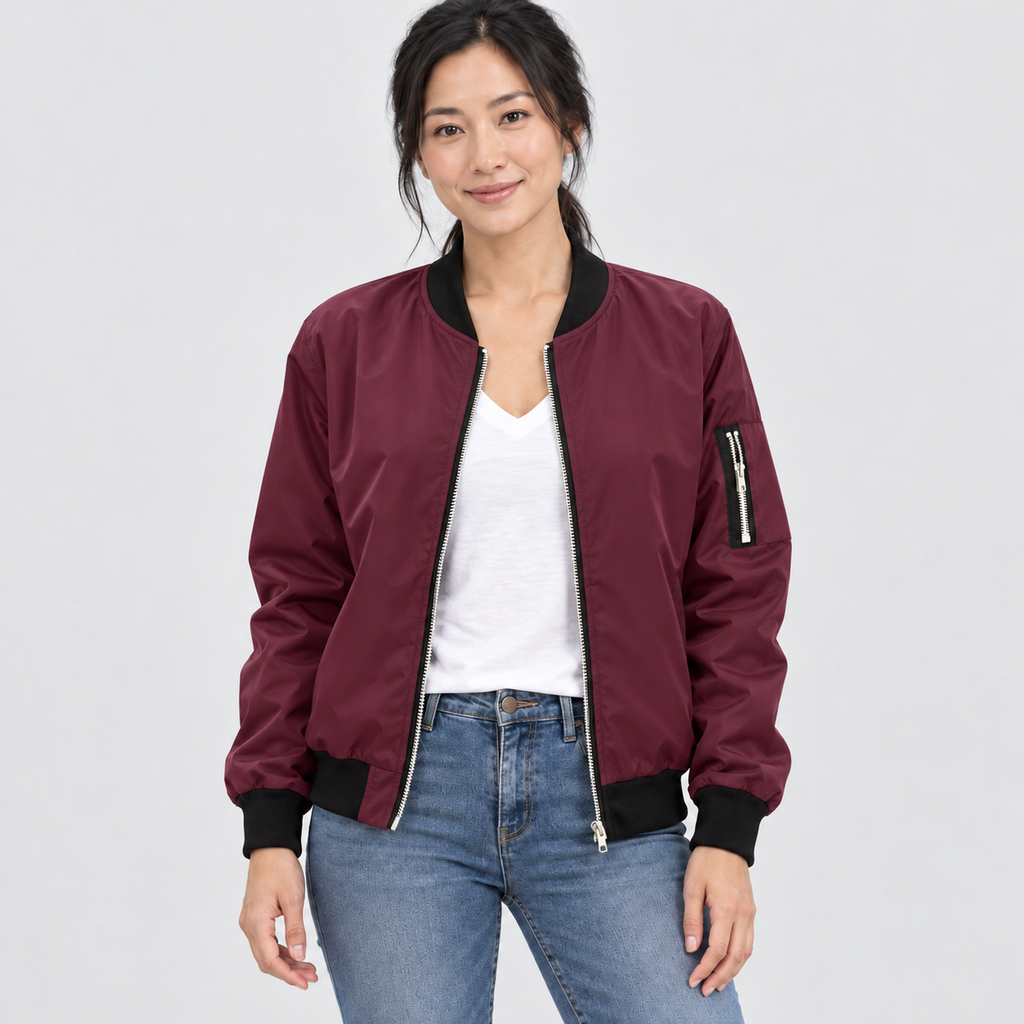 Bomber jacket with contrast ribbed trim and sleeve zip pocket in red, front view on model