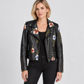 Floral embroidered biker jacket with stud detail in black, front view on model