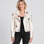 Floral embroidered biker jacket with stud detail in off-white, front view on model