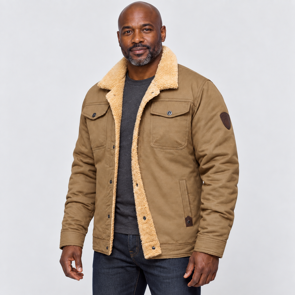 Jacket with fleece-style collar and chest flap pockets in khaki, alternative view on model