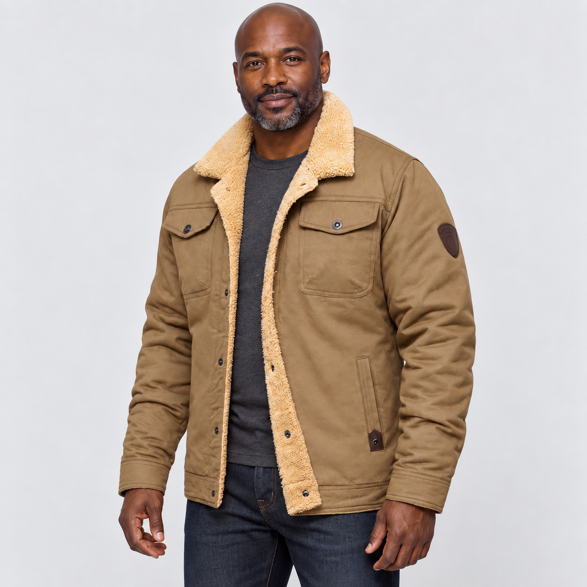 Jacket with fleece-style collar and chest flap pockets in khaki, alternative view on model