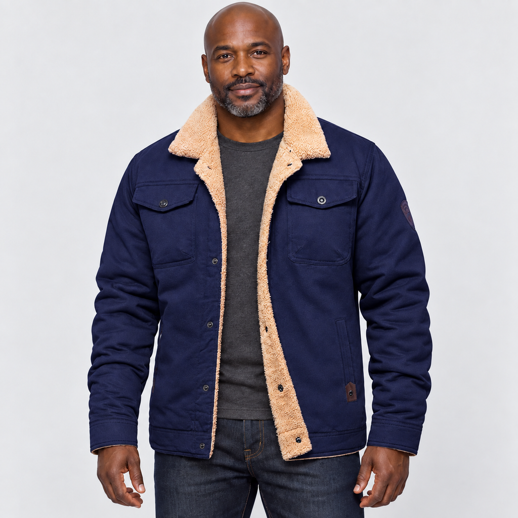 Jacket with fleece-style collar and chest flap pockets in navy blue, front view on model