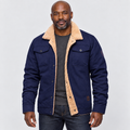Jacket with fleece-style collar and chest flap pockets in navy blue, front view on model