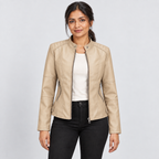 Zip-front jacket with stand collar and zipped pockets in beige, front view on model