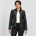 Zip-front jacket with stand collar and zipped pockets in black, front view on model