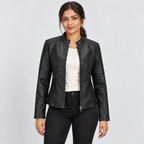 Zip-front jacket with stand collar and zipped pockets in black, front view on model