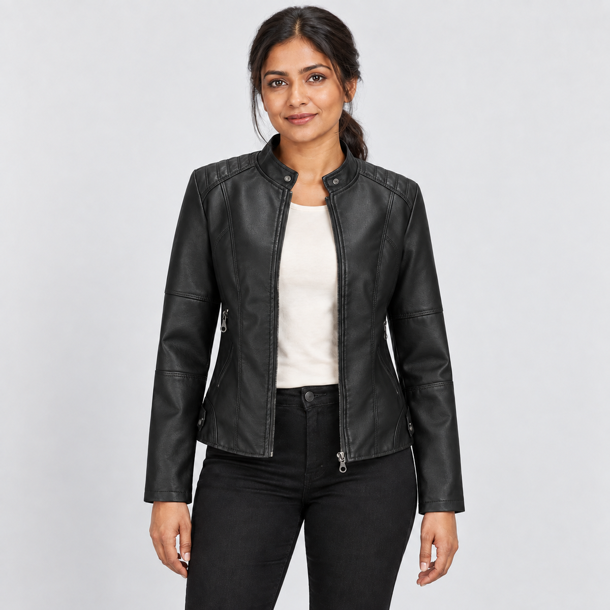 Zip-front jacket with stand collar and zipped pockets in black, front view on model
