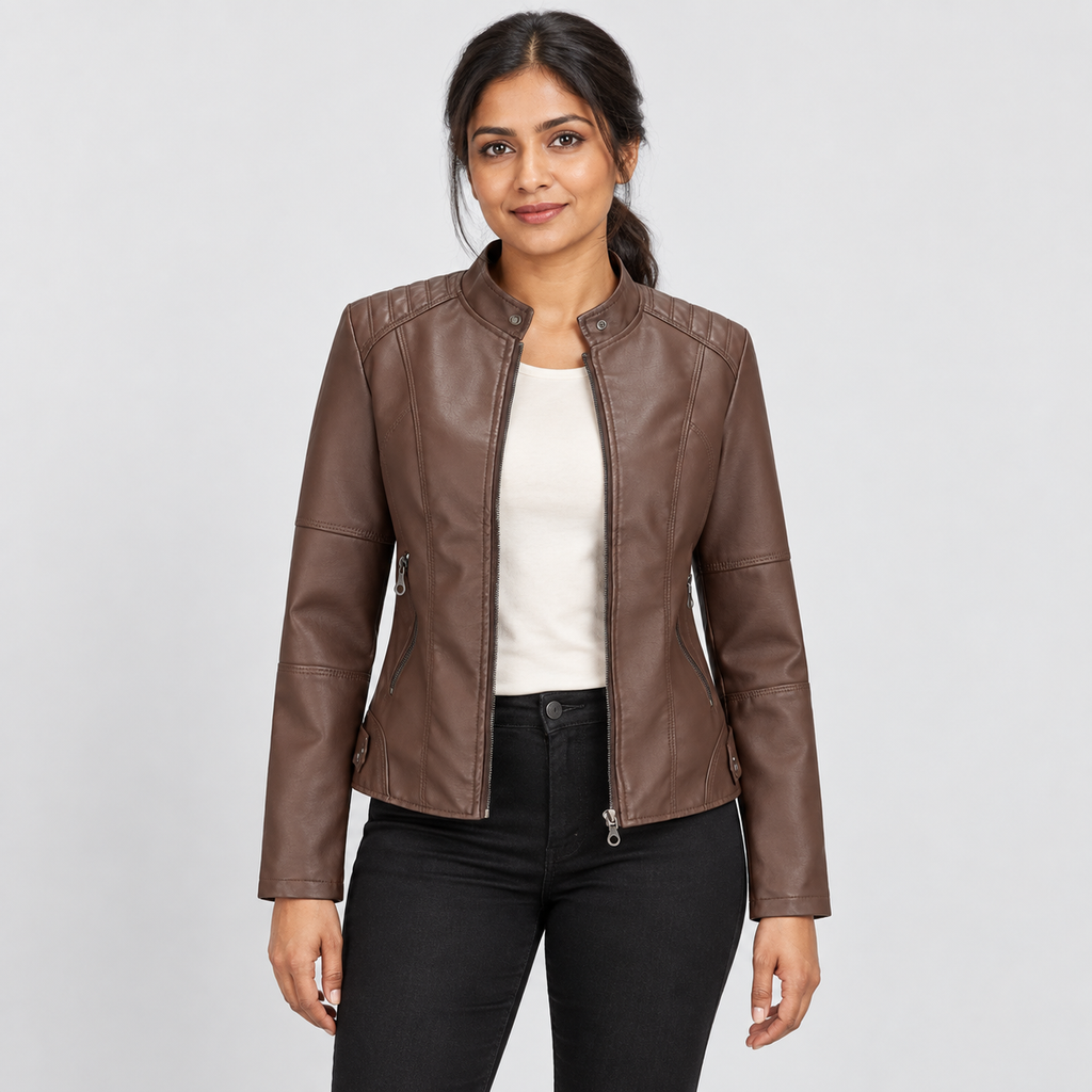 Zip-front jacket with stand collar and zipped pockets in dark brown, front view on model