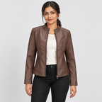 Zip-front jacket with stand collar and zipped pockets in dark brown, front view on model