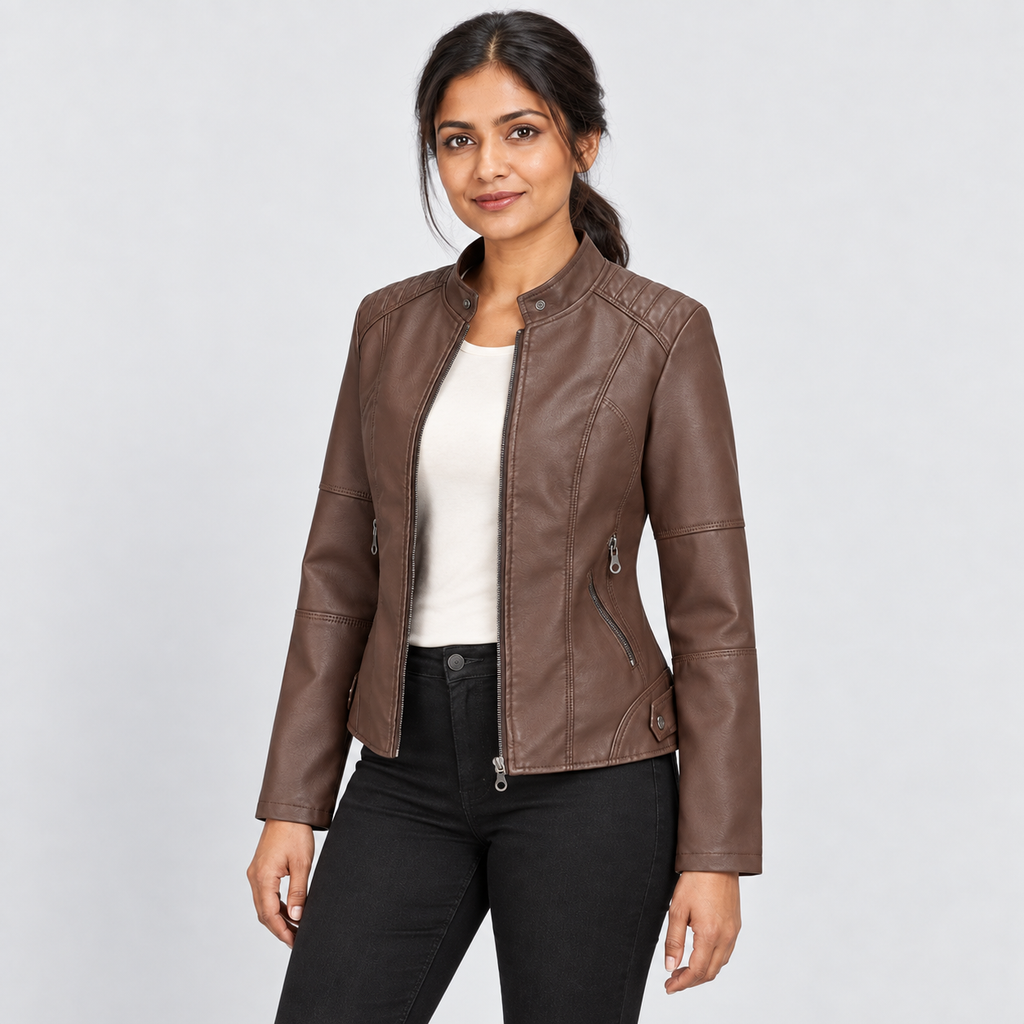 Zip-front jacket with stand collar and zipped pockets in dark brown, alternative view on model