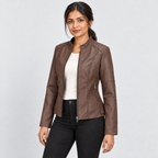 Zip-front jacket with stand collar and zipped pockets in dark brown, alternative view on model