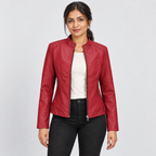 Zip-front jacket with stand collar and zipped pockets in red, front view on model