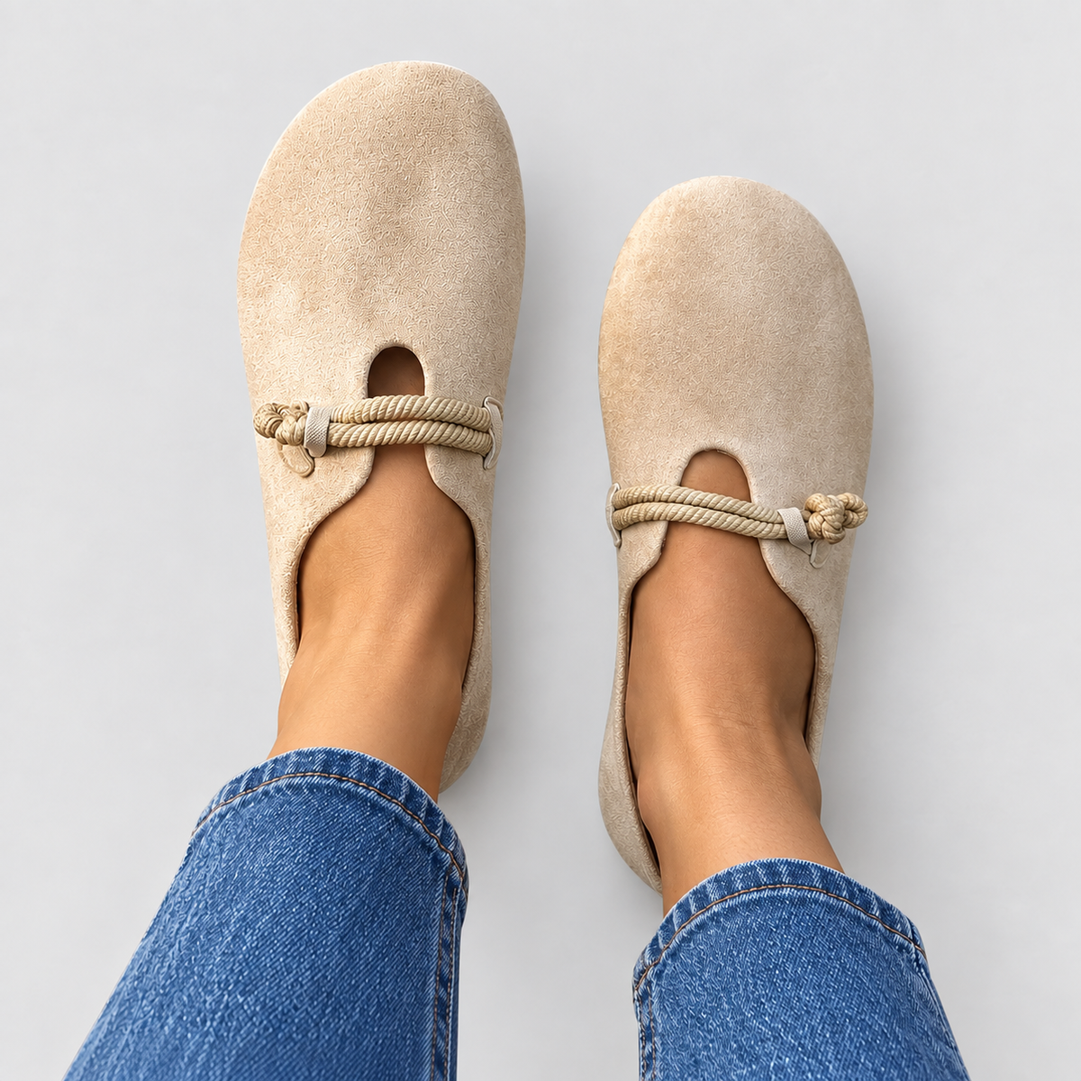 Round-toe loafers with rope detail in beige, alternative view on model