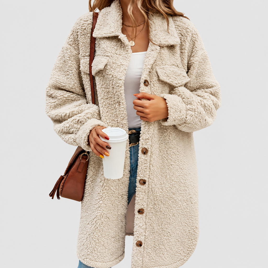 Women’s Cosy Oversized Teddy Coat with Chest Pockets – Beige – image 1