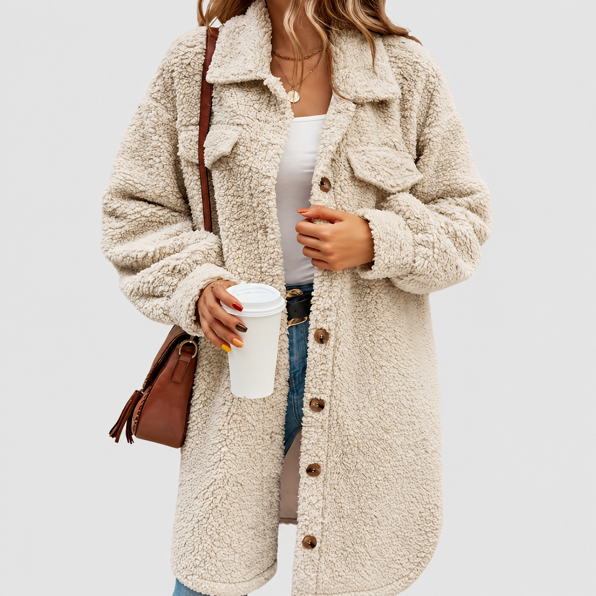 Women’s Cosy Oversized Teddy Coat with Chest Pockets – Beige – image 1