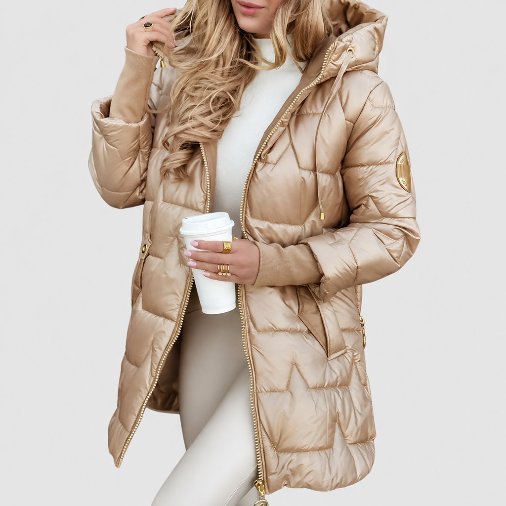 Women’s Hooded Puffer Jacket with Gold-Tone Hardware and Diamond Quilting – Beige – image 1