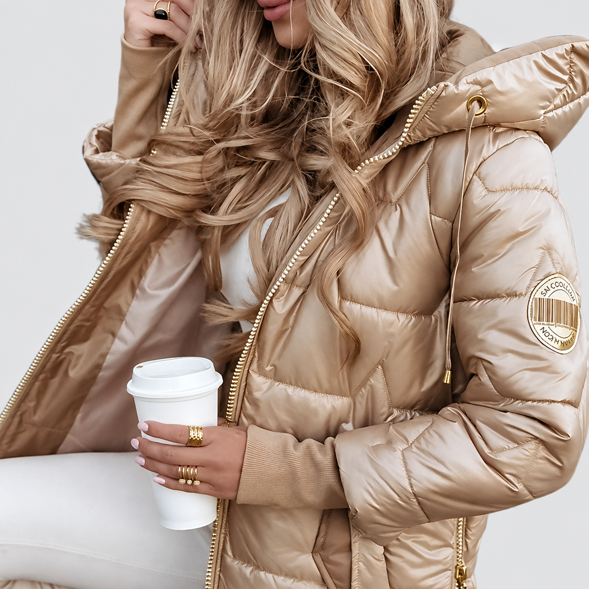 Women’s Hooded Puffer Jacket with Gold-Tone Hardware and Diamond Quilting – image 3