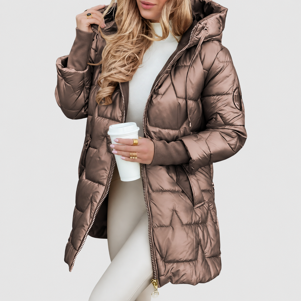 Women’s Hooded Puffer Jacket with Gold-Tone Hardware and Diamond Quilting – Dark Brown – image 4