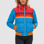 Women’s Retro Hooded Puffer Jacket with Rainbow Colour Block Stripes – Blue – image 2