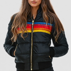 Women’s Retro Hooded Puffer Jacket with Rainbow Colour Block Stripes – Black – image 3