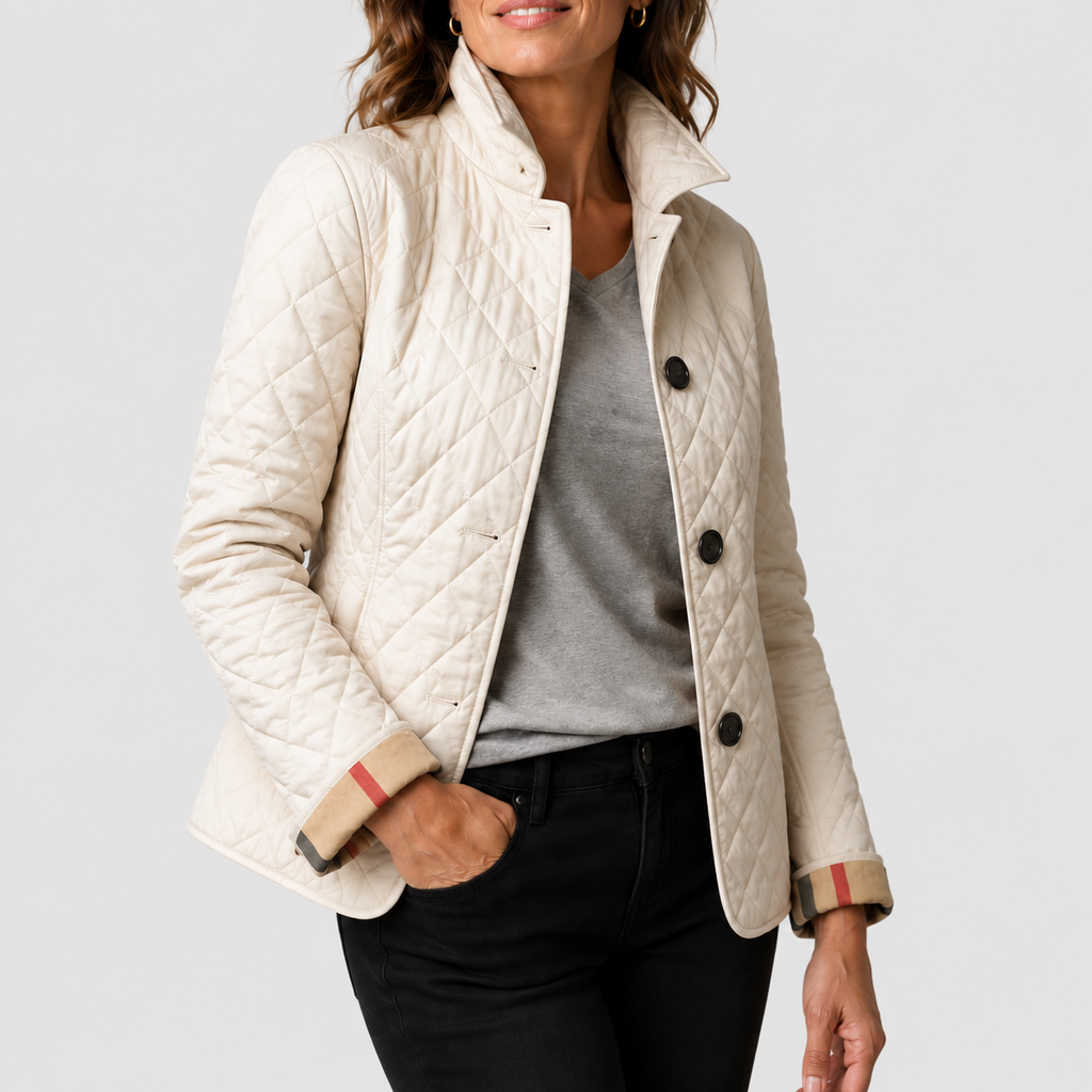 Women’s Classic Diamond Quilted Jacket with Check Cuff Lining – Beige – image 2
