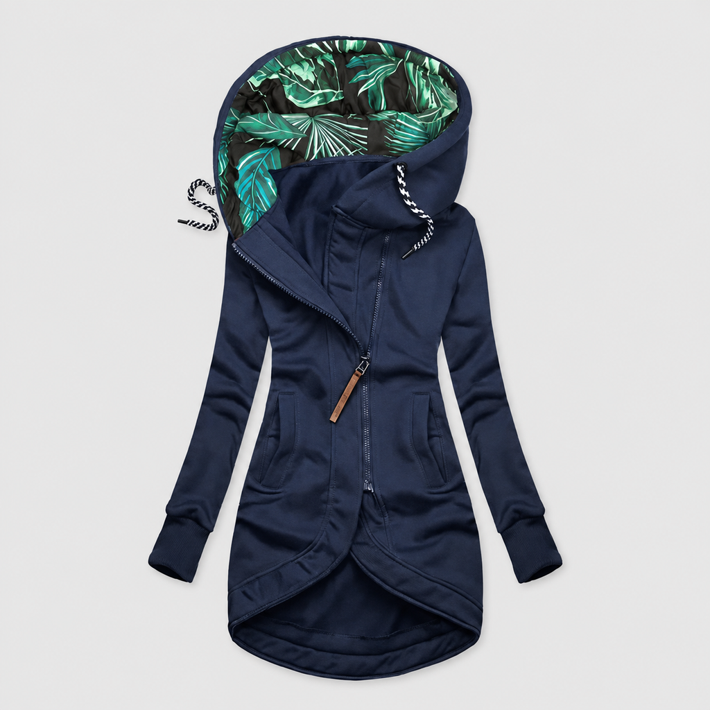 Women’s Fitted Zip-Up Hooded Jacket with Tropical Print Hood Lining – Navy – image 1