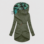Women’s Fitted Zip-Up Hooded Jacket with Tropical Print Hood Lining – Green – image 3