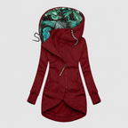 Women’s Fitted Zip-Up Hooded Jacket with Tropical Print Hood Lining – Red – image 4
