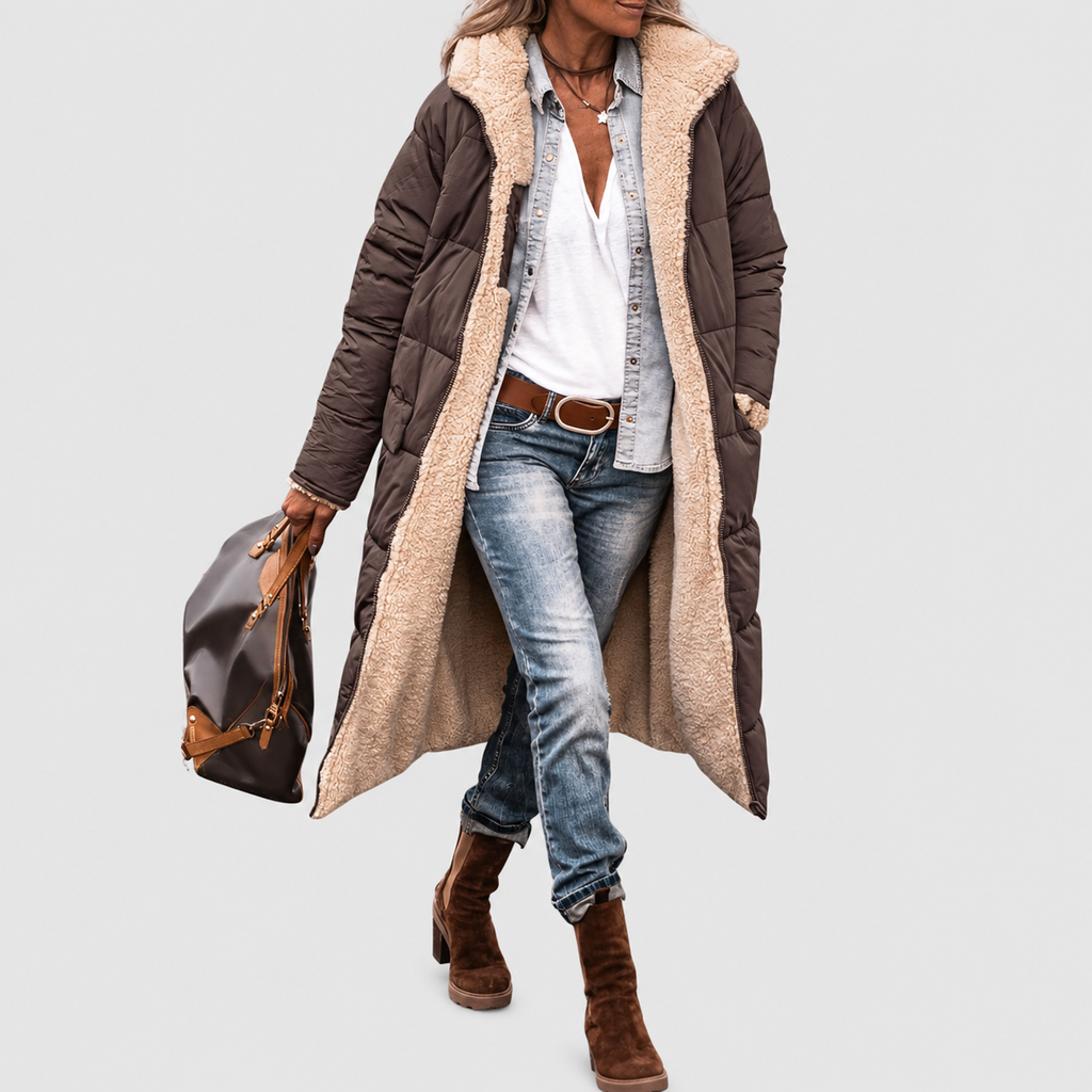 Women’s Long Reversible Puffer Coat with Sherpa Lining and Hood – Brown – image 1